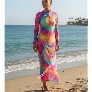 KToo Tie-Dye Pink Orange Mesh Swim Maxi Coverup‎ LARGE Hyperpop Vacation Beach